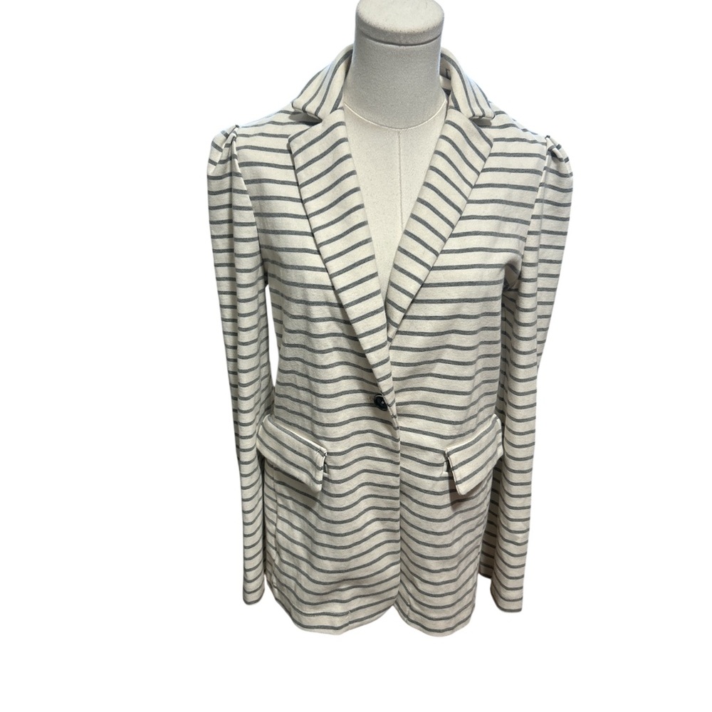 Anthropologie Striped Blazer Jacket Womens Large Black White Cotton preppy - Picture 2 of 9